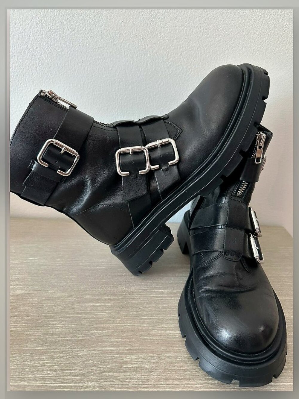 Zara Black Buckle Combat Ankle Boots size 7